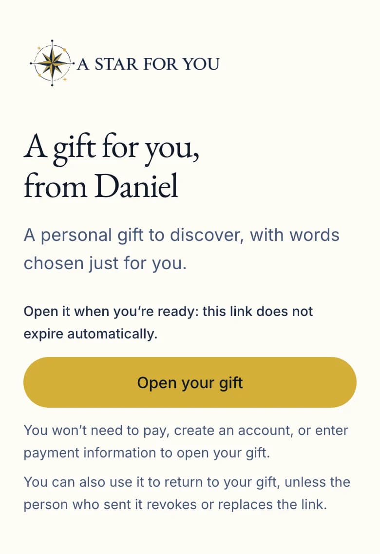 The private invitation as the recipient sees it: “A gift for you, from Daniel,” the “Open your gift” button, and the note that opening it needs no payment and no account.