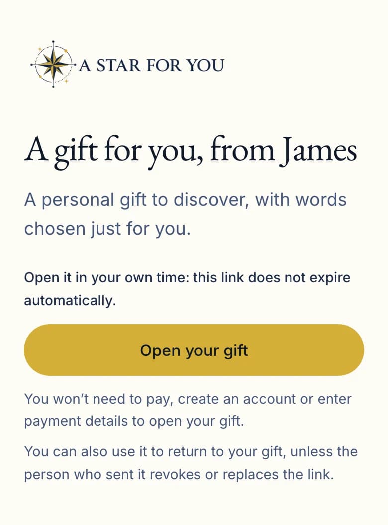 The private invitation as the recipient sees it: “A gift for you, from James”, the “Open your gift” button and the note that opening it needs no payment and no account.