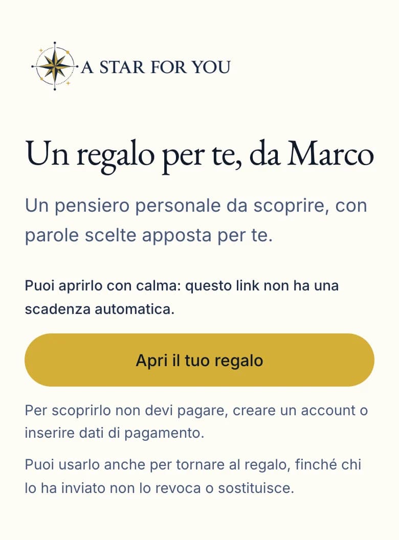 L'invito privato come lo vede chi riceve il regalo: «Un regalo per te, da Marco», il pulsante «Apri il tuo regalo» e l'avviso che per aprirlo non serve pagare né creare un account.