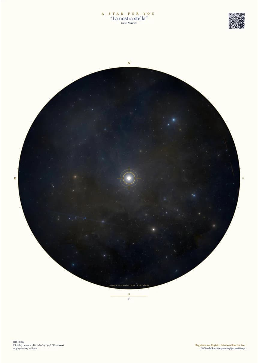 Il poster A3 della mappa: il nome della dedica, la carta del cielo centrata sulla stella con la fotografia DSS2, coordinate, data, luogo e codice di verifica.