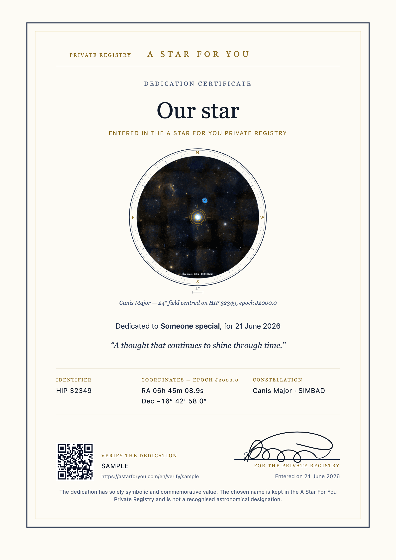 English example of the dedication certificate