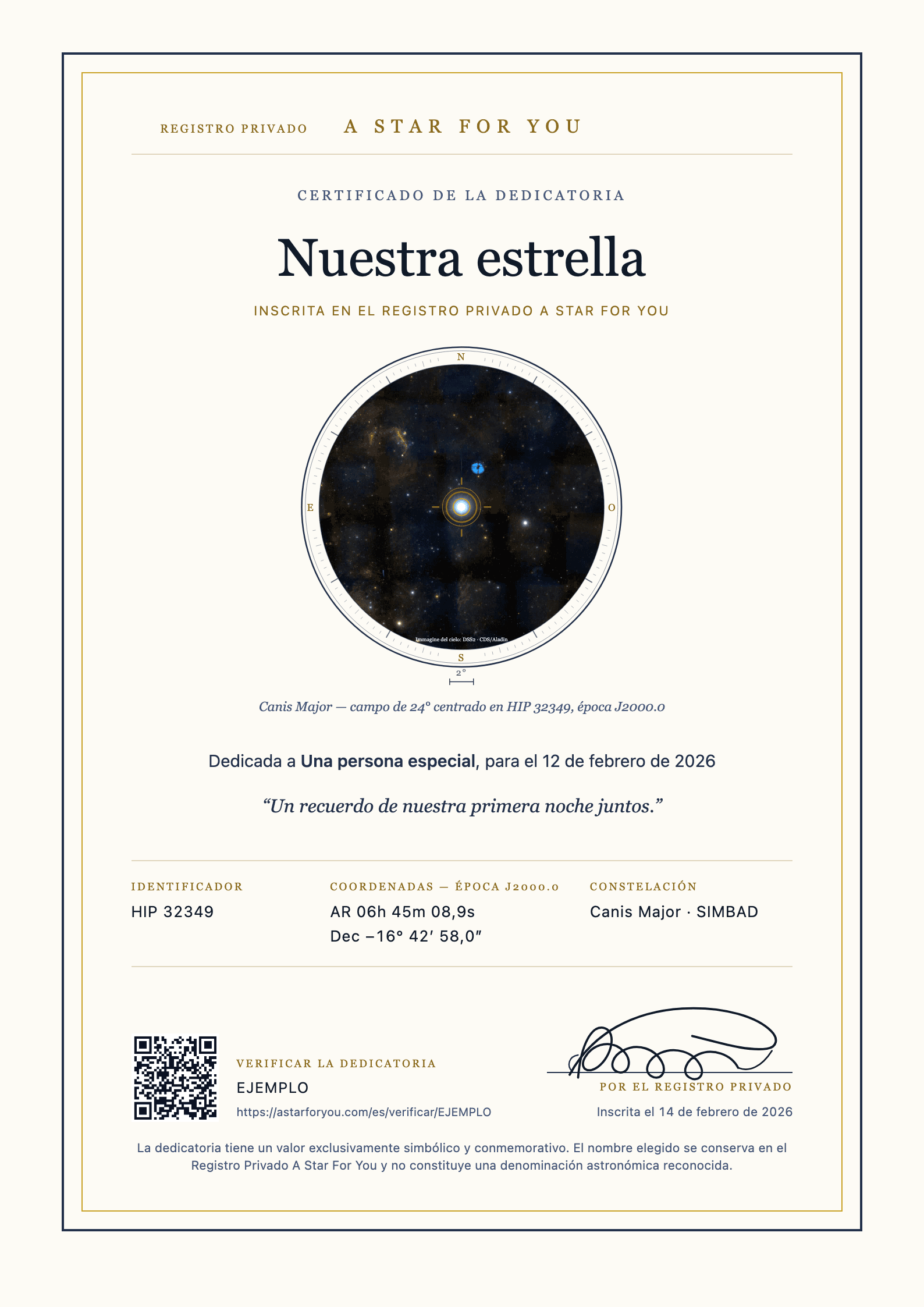 Ejemplo del certificado en español con los datos de la dedicatoria