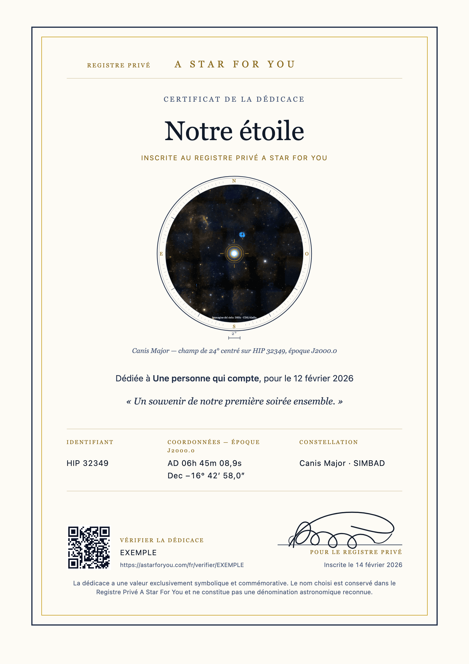 Exemple du certificat en français avec les informations de la dédicace