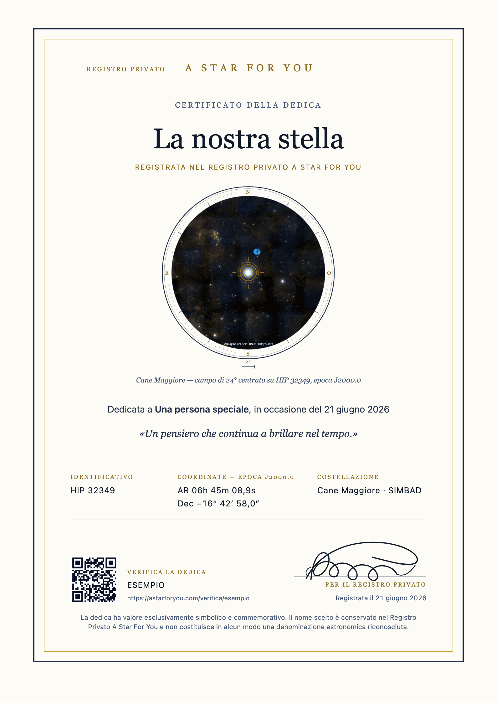 Pagina completa del certificato della dedica con nome e dati di verifica