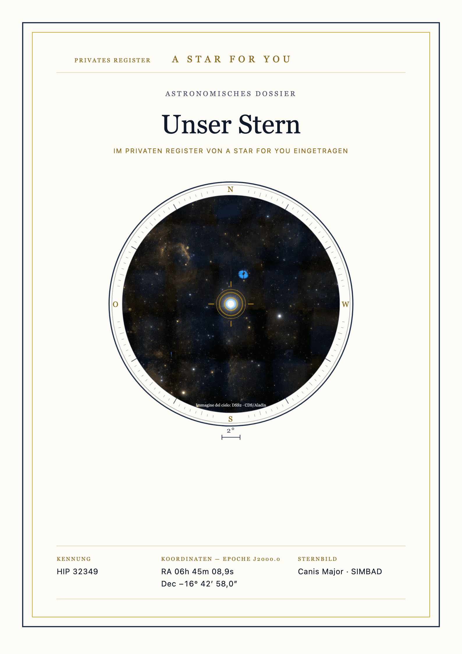 Vollständige Beispiel-Titelseite des deutschsprachigen astronomischen Dossiers