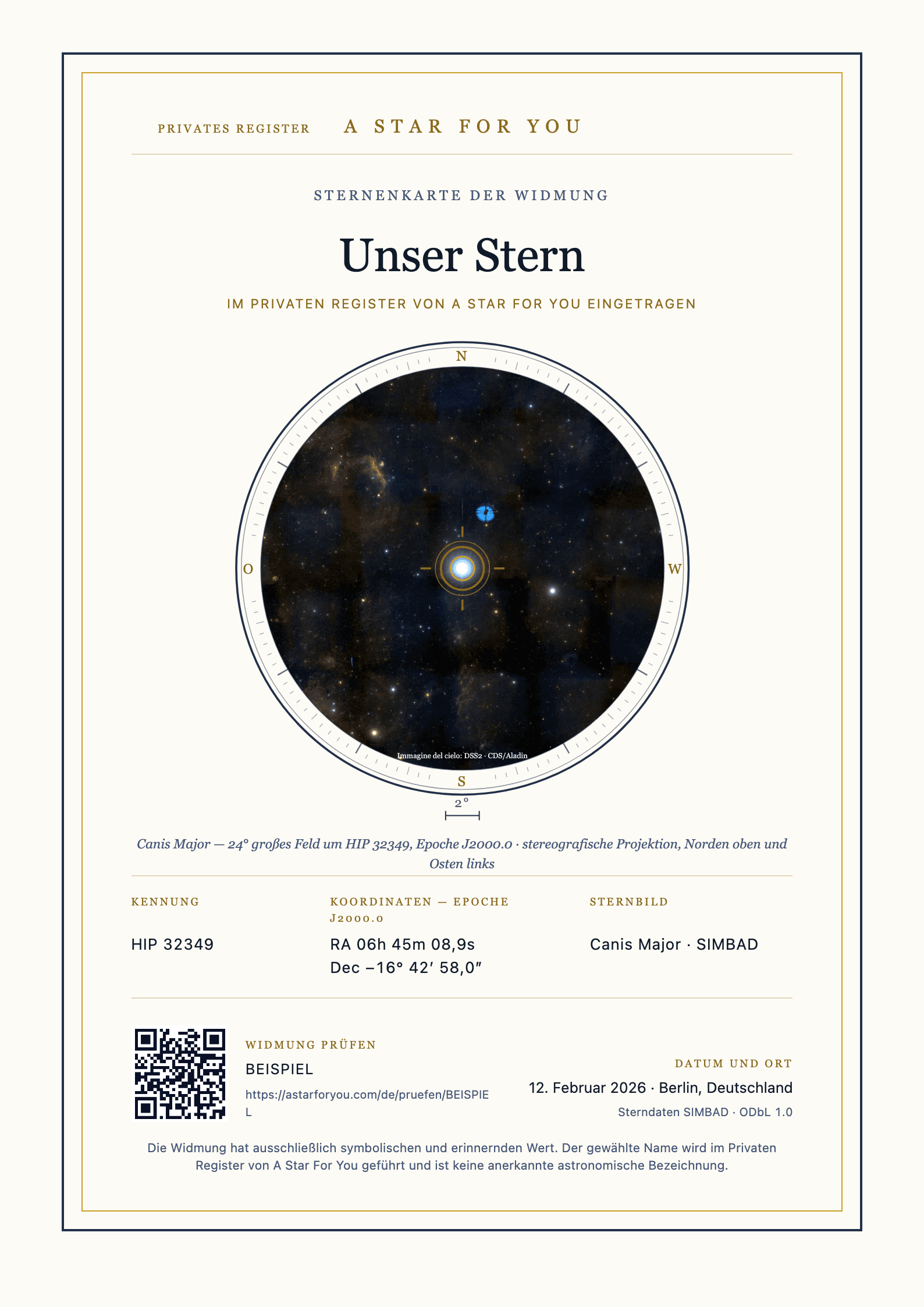 Beispiel der persönlichen Sternkarte in deutscher Sprache