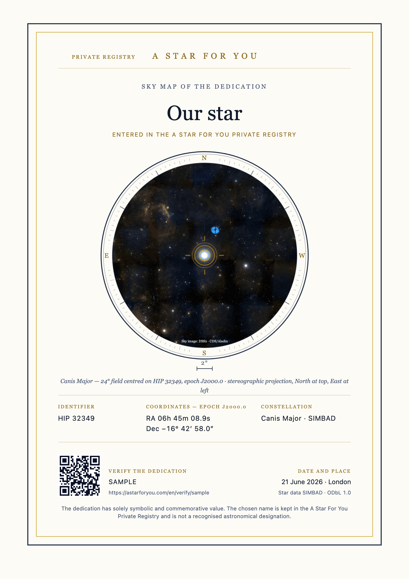 English example of the personalised sky map