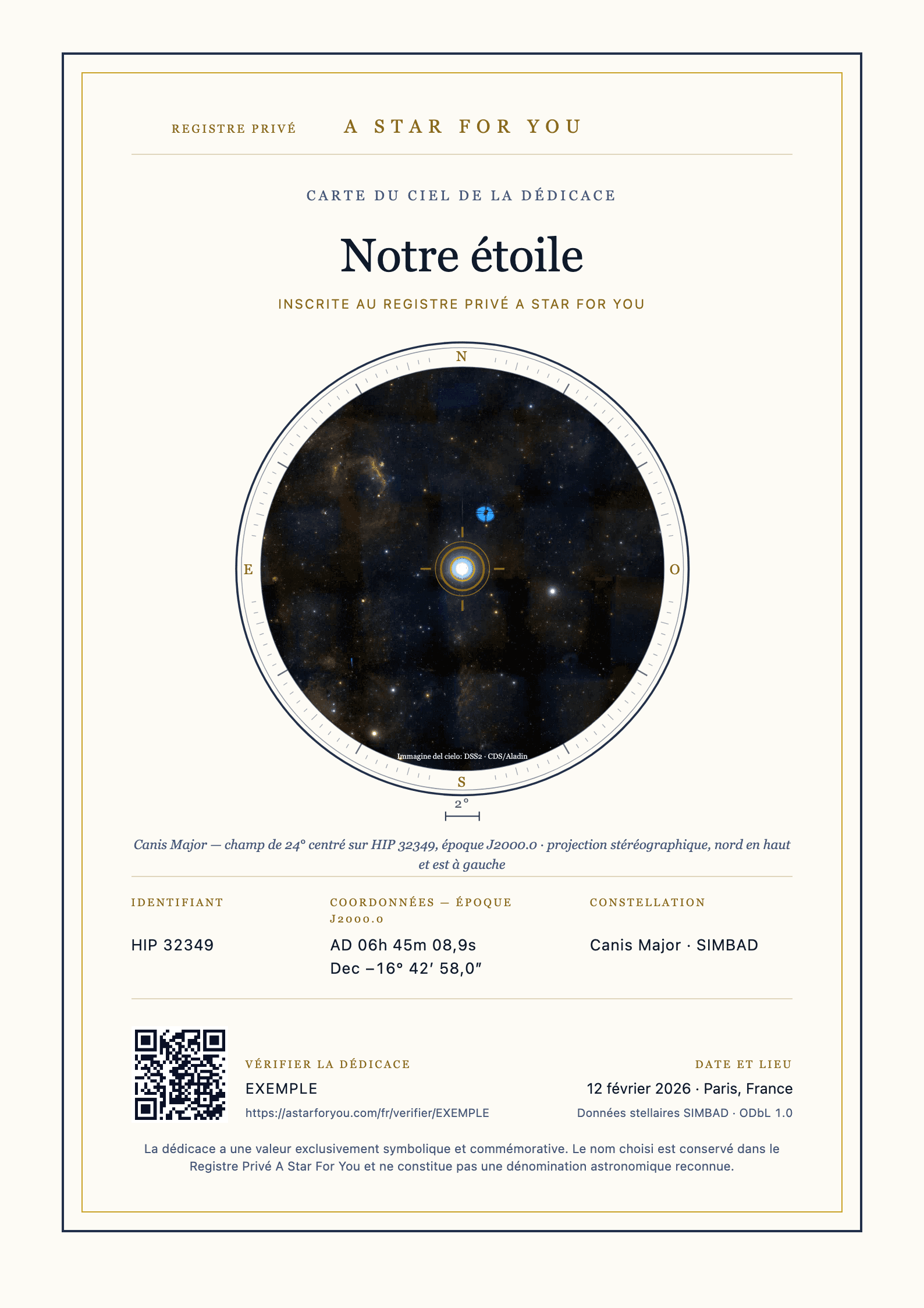 Exemple de carte du ciel personnalisée en français
