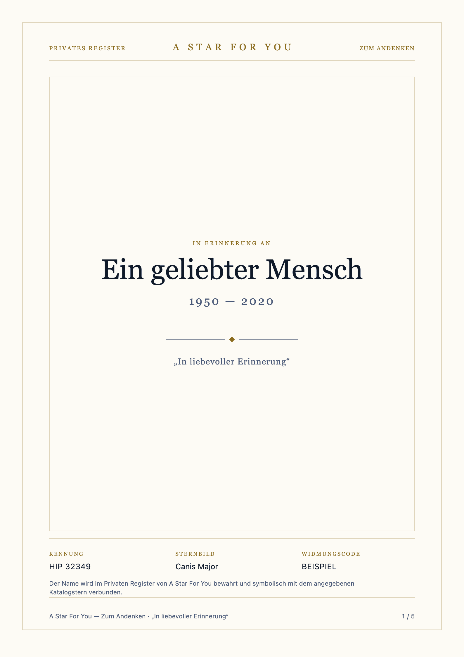 Deutschsprachige Beispielseite des Erinnerungsdokuments — Titelseite