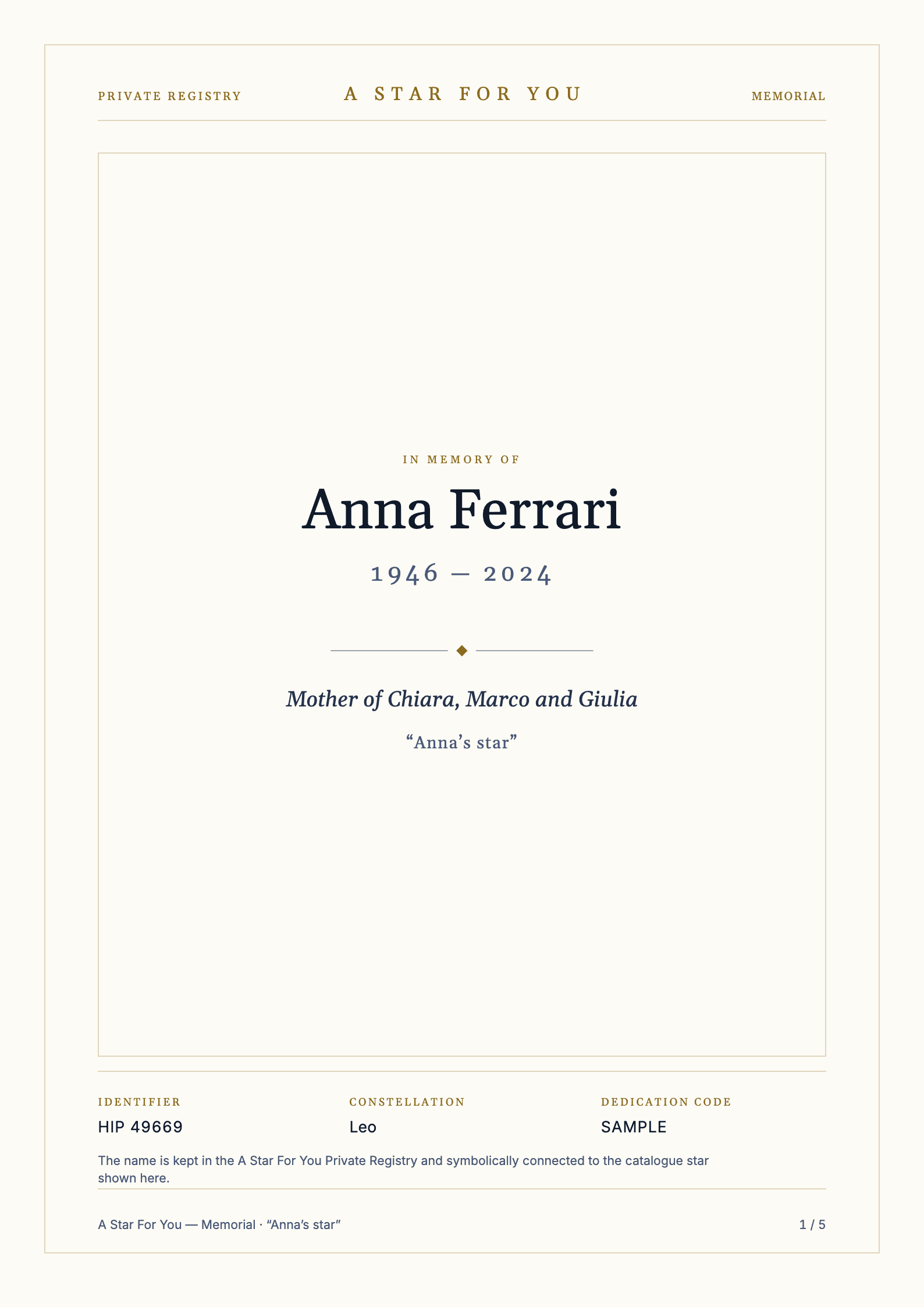 Complete English sample front page of the memorial