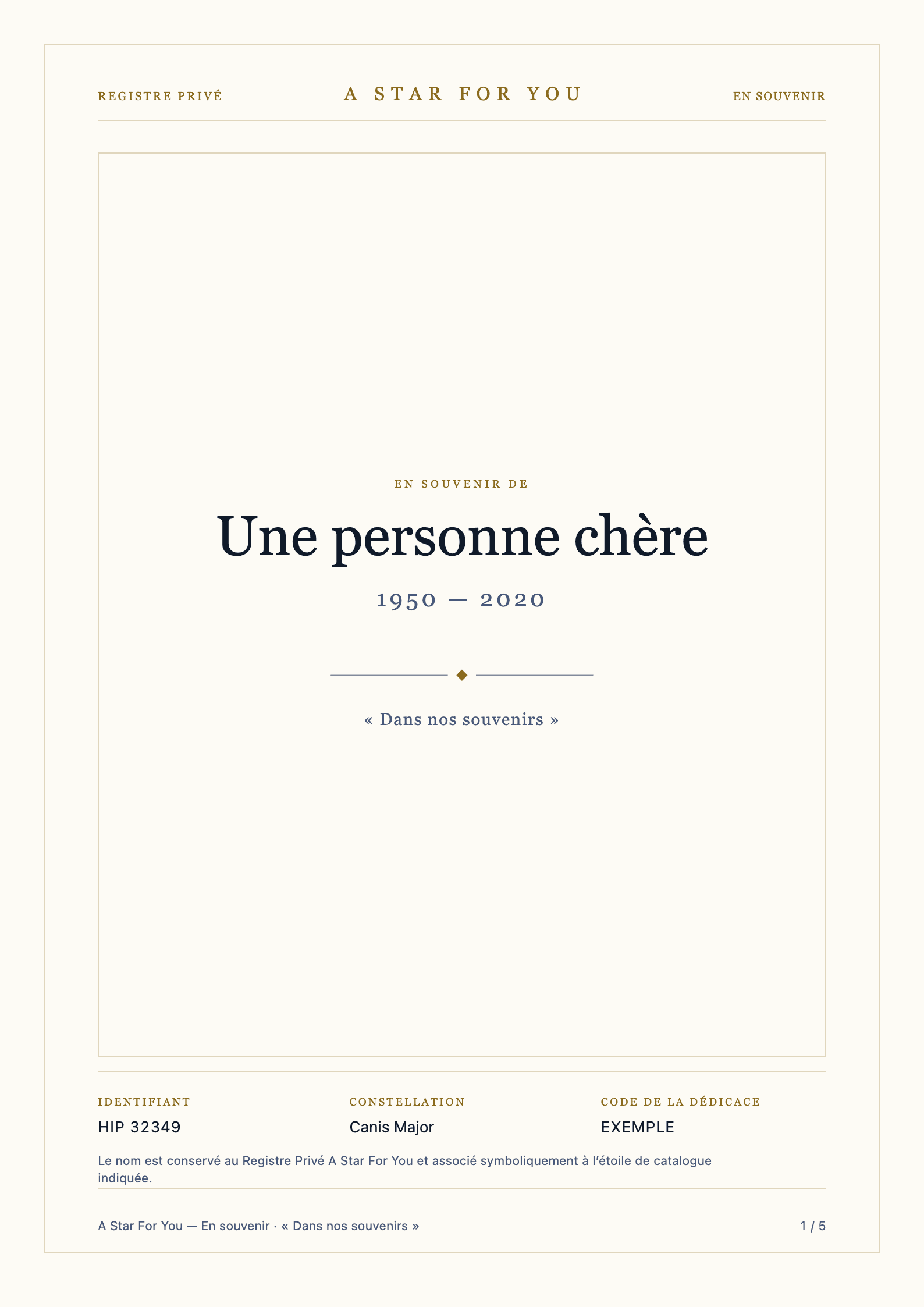 Page d’exemple du document commémoratif en français — Couverture