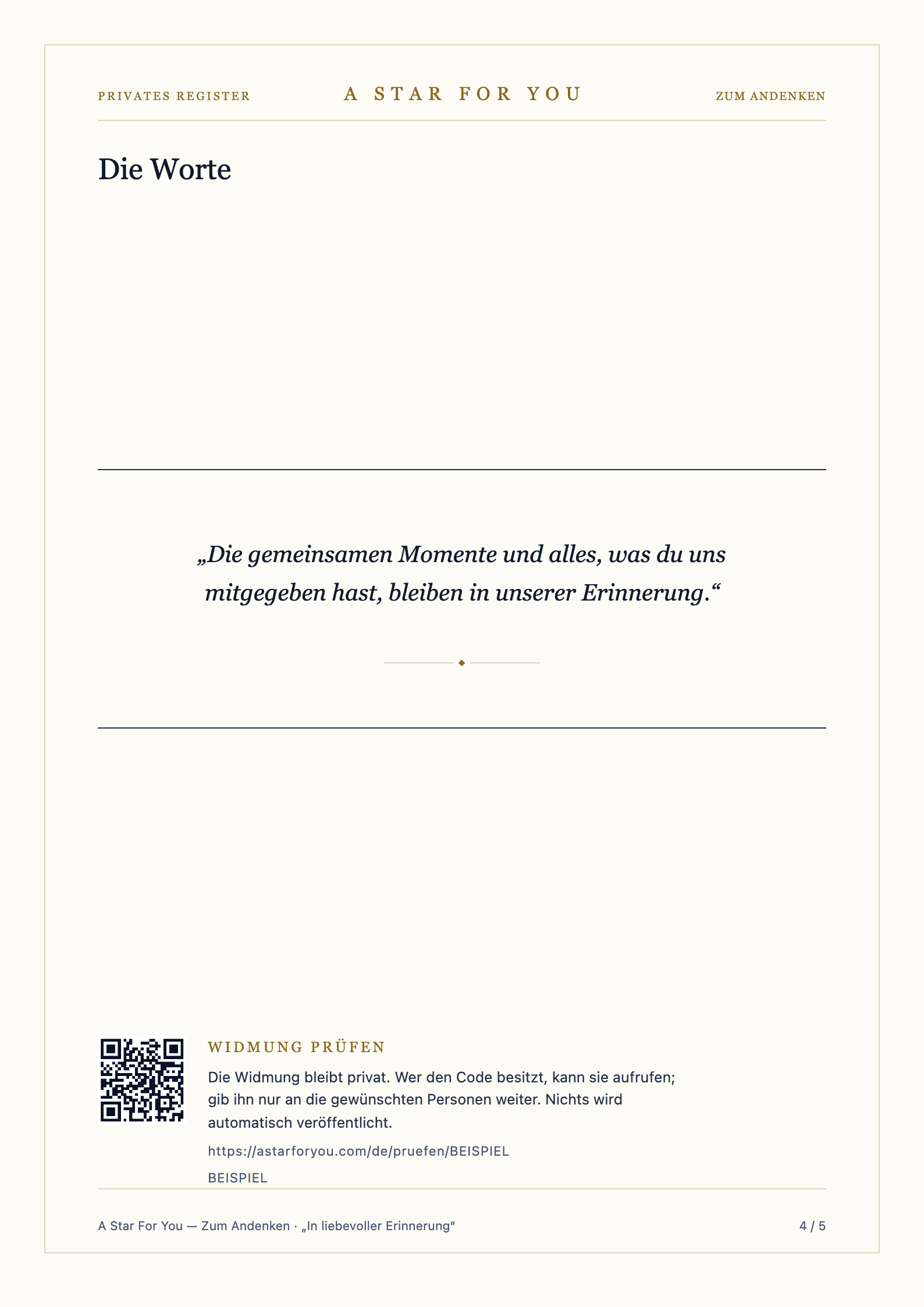 Deutschsprachige Beispielseite des Erinnerungsdokuments — Deine Worte