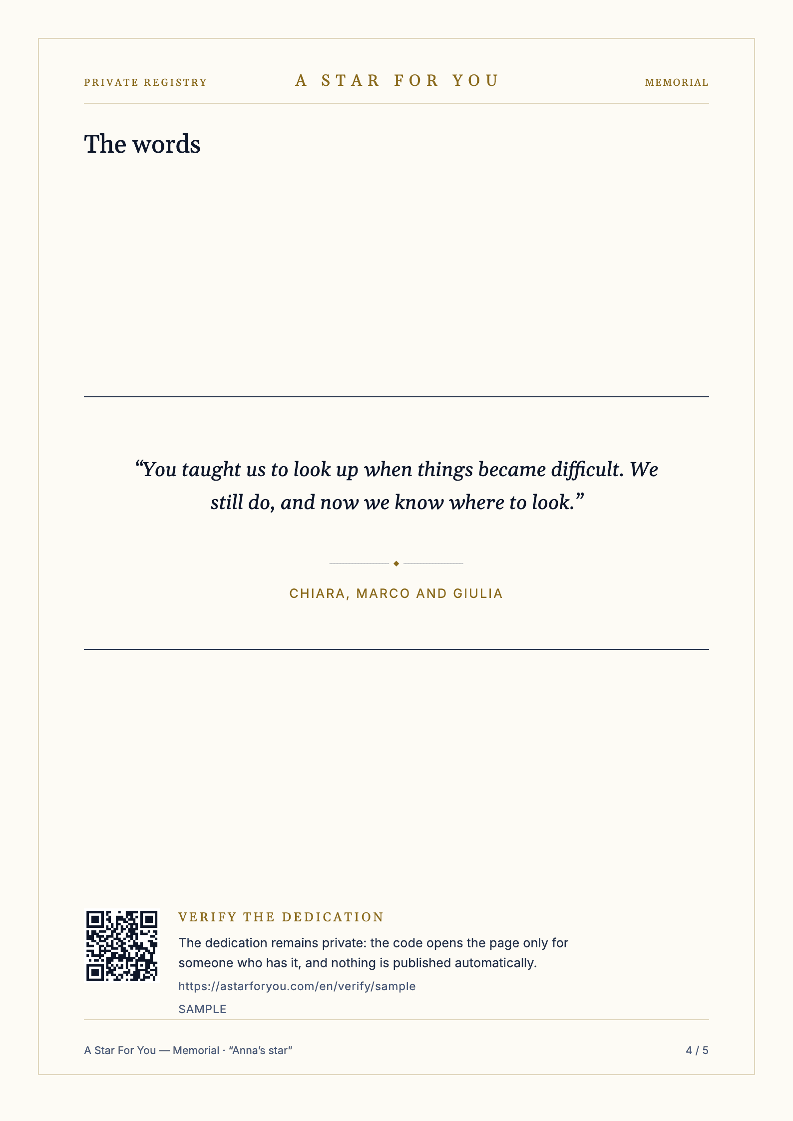 English memorial page preserving the customer's words