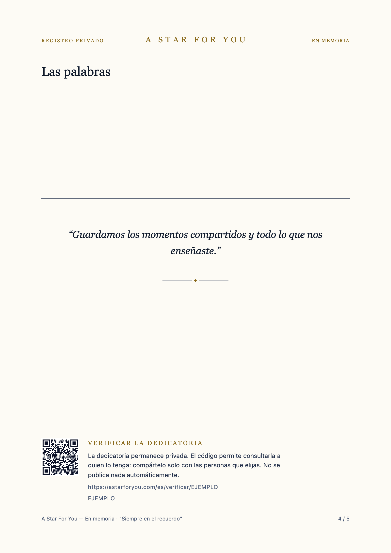 Página de ejemplo del mensaje personal en la dedicatoria conmemorativa