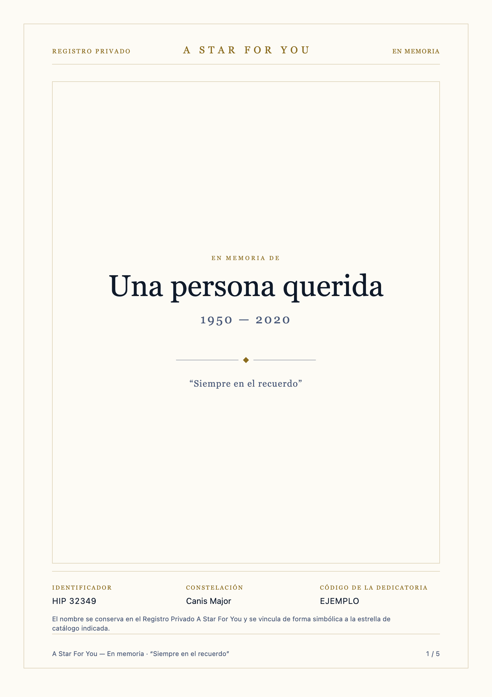 Página de ejemplo del documento conmemorativo en español — Portada