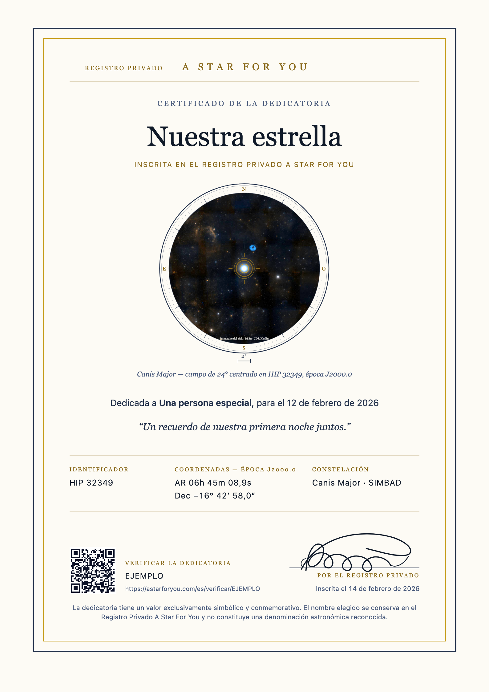 Certificado de ejemplo con nombre, coordenadas, mapa y código de verificación